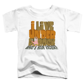 White toddler t-shirt with SpongeBob SquarePants What's Your Excuse? graphic