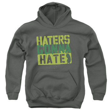 Charcoal youth hoodie for ages 8 to 12 with SpongeBob SquarePants Haters Gonna Hate graphic