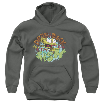 Charcoal youth hoodie for ages 8 to 12 with SpongeBob SquarePants Drop And Flop graphic