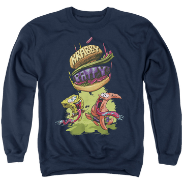 Navy men's crewneck sweatshirt with SpongeBob SquarePants Krabby Patty From The Sky graphic