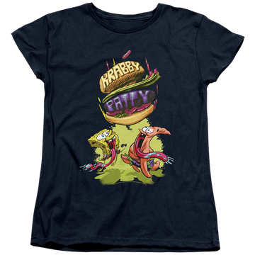 Navy women's t-shirt with SpongeBob SquarePants Krabby Patty From The Sky graphic