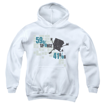 White youth hoodie for ages 8 to 12 with SpongeBob SquarePants 59% Sponge, 41% Bob graphic