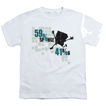 White youth t-shirt for ages 8 to 12 with SpongeBob SquarePants 59% Sponge, 41% Bob graphic