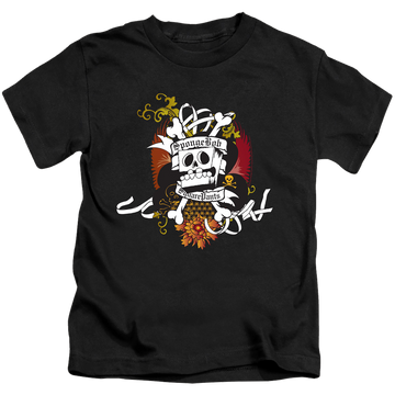 Black kid's t-shirt for ages 4 to 7 with SpongeBob SquarePants Rest In Peace graphic
