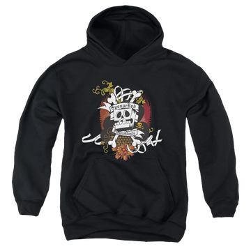 Black youth hoodie for ages 8 to 12 with SpongeBob SquarePants Rest In Peace graphic