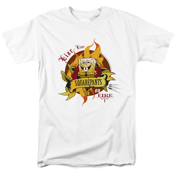 White men's regular fit t-shirt with SpongeBob SquarePants Liar Pants On Fire graphic