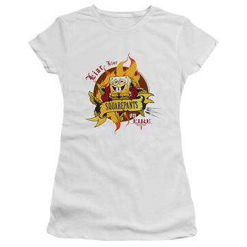 White juniors t-shirt with SpongeBob SquarePants Liar Pants On Fire graphic