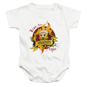 White baby bodysuit with SpongeBob SquarePants Liar Pants On Fire graphic