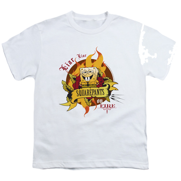 White youth t-shirt for ages 8 to 12 with SpongeBob SquarePants Liar Pants On Fire graphic