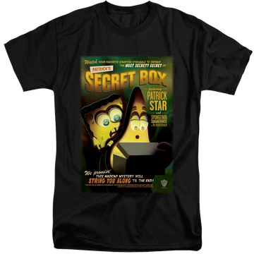 Black men's tall fit t-shirt with SpongeBob SquarePants Patrick’S Secret Box graphic