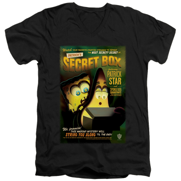 Black men's v-neck t-shirt with SpongeBob SquarePants Patrick’S Secret Box graphic