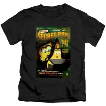 Black kid's t-shirt for ages 4 to 7 with SpongeBob SquarePants Patrick’S Secret Box graphic