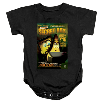 Black baby bodysuit with SpongeBob SquarePants Patrick’S Secret Box graphic