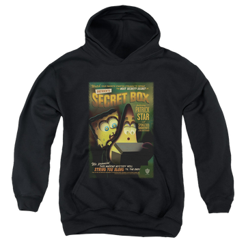 Black youth hoodie for ages 8 to 12 with SpongeBob SquarePants Patrick’S Secret Box graphic
