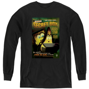 Black youth long sleeve t-shirt with SpongeBob SquarePants Patrick’S Secret Box graphic