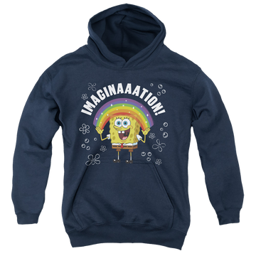 Navy youth hoodie for ages 8 to 12 with SpongeBob SquarePants Imagination graphic