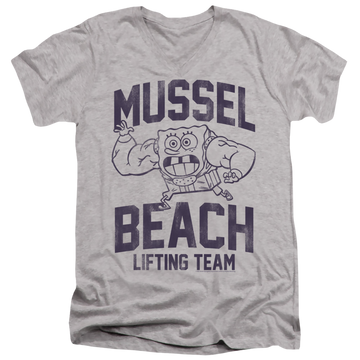 Athletic heather men's v-neck t-shirt with SpongeBob SquarePants Mussle Beach Lifting Team graphic