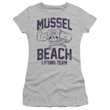 Athletic heather juniors t-shirt with SpongeBob SquarePants Mussle Beach Lifting Team graphic