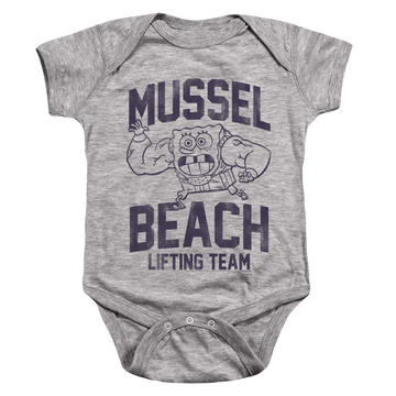 Athletic heather baby bodysuit with SpongeBob SquarePants Mussle Beach Lifting Team graphic