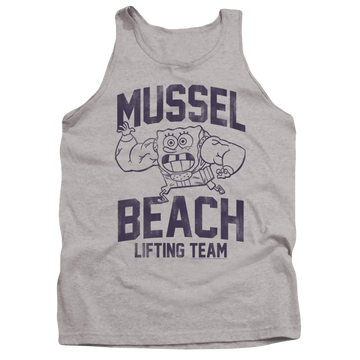 Athletic heather men's tank with SpongeBob SquarePants Mussle Beach Lifting Team graphic