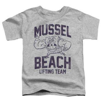 Athletic heather toddler t-shirt with SpongeBob SquarePants Mussle Beach Lifting Team graphic