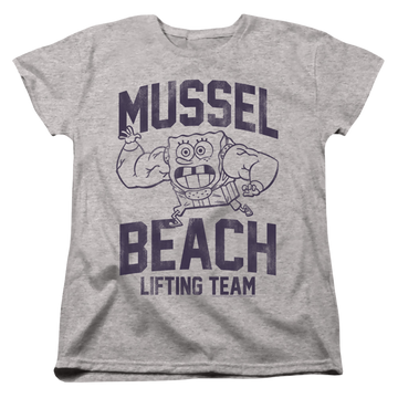 Athletic heather women's t-shirt with SpongeBob SquarePants Mussle Beach Lifting Team graphic