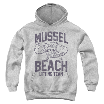 Athletic heather youth hoodie for ages 8 to 12 with SpongeBob SquarePants Mussle Beach Lifting Team graphic