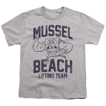 Athletic heather youth t-shirt for ages 8 to 12 with SpongeBob SquarePants Mussle Beach Lifting Team graphic