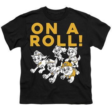 Black youth t-shirt for ages 8 to 12 with Paw Patrol On A Roll! graphic