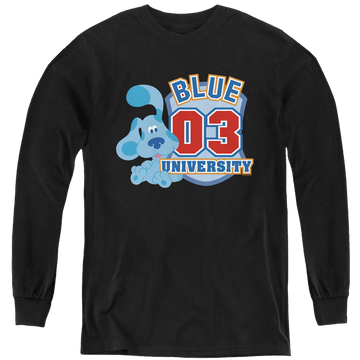 Black youth long sleeve t-shirt with Blue's Clues University graphic