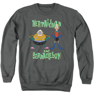 Charcoal men's crewneck sweatshirt with SpongeBob SquarePants Mermaid Man And Barnacle Boy graphic