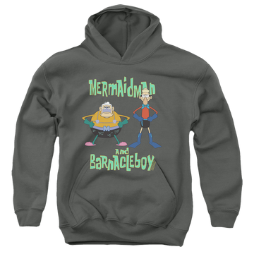 Charcoal youth hoodie for ages 8 to 12 with SpongeBob SquarePants Mermaid Man And Barnacle Boy graphic