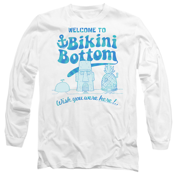 White men's long sleeve t-shirt with SpongeBob SquarePants Bikini Bottom Welcome graphic