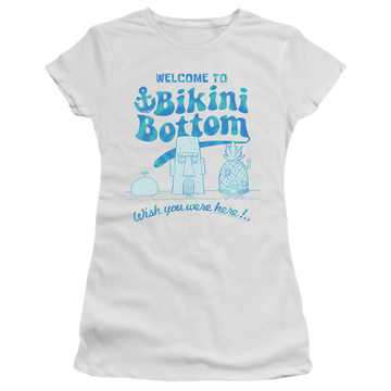 White juniors t-shirt with SpongeBob SquarePants Bikini Bottom Welcome graphic