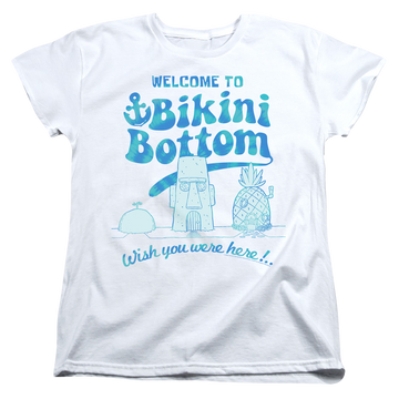 White women's t-shirt with SpongeBob SquarePants Bikini Bottom Welcome graphic