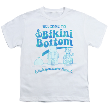 White youth t-shirt for ages 8 to 12 with SpongeBob SquarePants Bikini Bottom Welcome graphic