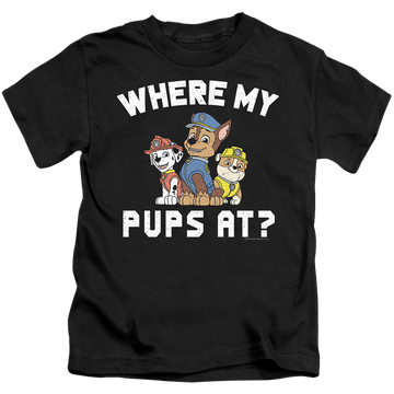 Black kid's t-shirt for ages 4 to 7 with Paw Patrol Where My Pups At? graphic
