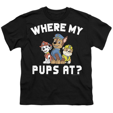 Black youth t-shirt for ages 8 to 12 with Paw Patrol Where My Pups At? graphic