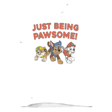 White kid's t-shirt for ages 4 to 7 with Paw Patrol Just Being Pawsome! graphic