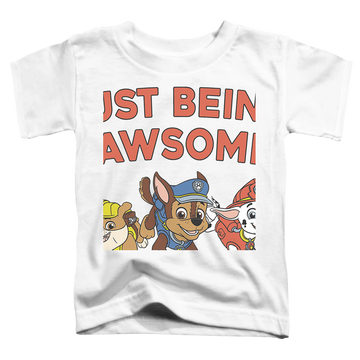 White toddler t-shirt with Paw Patrol Just Being Pawsome! graphic