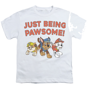 White youth t-shirt for ages 8 to 12 with Paw Patrol Just Being Pawsome! graphic