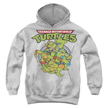 Athletic heather youth hoodie for ages 8 to 12 with Teenage Mutant Ninja Turtles Tmnt Group graphic