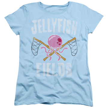 Light blue women's t-shirt with SpongeBob SquarePants Jellyfish Fields graphic