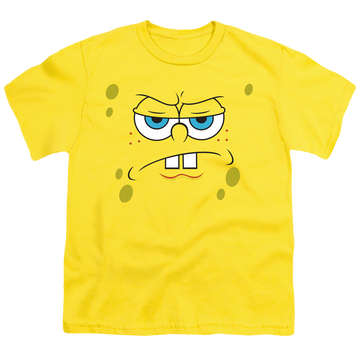 Yellow youth t-shirt for ages 8 to 12 with SpongeBob SquarePants Angry Face graphic