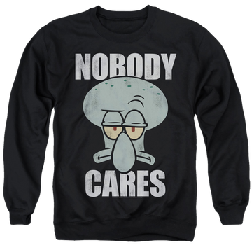 Black men's crewneck sweatshirt with SpongeBob SquarePants Nobody Cares Meme graphic