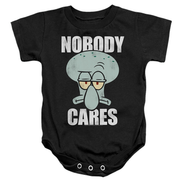 Black baby bodysuit with SpongeBob SquarePants Nobody Cares Meme graphic