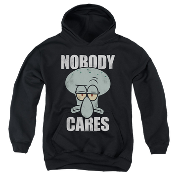 Black youth hoodie for ages 8 to 12 with SpongeBob SquarePants Nobody Cares Meme graphic