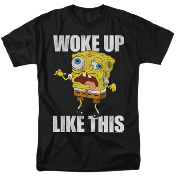 Black men's regular fit t-shirt with SpongeBob SquarePants Woke Up Like This Meme graphic