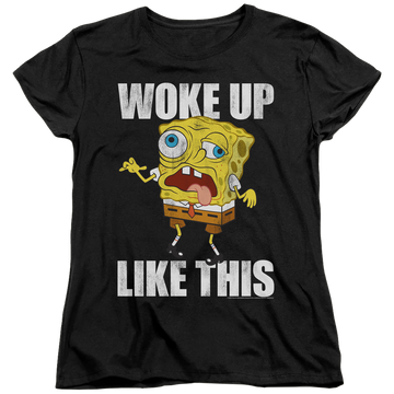 Black women's t-shirt with SpongeBob SquarePants Woke Up Like This Meme graphic
