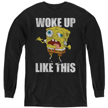Black youth long sleeve t-shirt with SpongeBob SquarePants Woke Up Like This Meme graphic